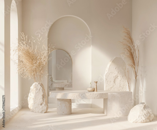 The image features a white room with a stone table and bench, potted plants, and a mirror. The room is well lit with natural light.