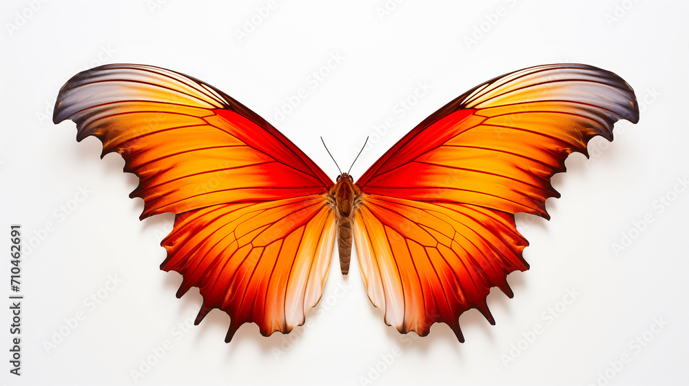 Fototapeta premium Beautiful colorful bright multicolored tropical butterflies with wings spread in flight isolated on white background, close-up macro.