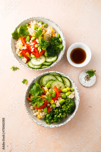 Healthy rice bowl with kale and corn