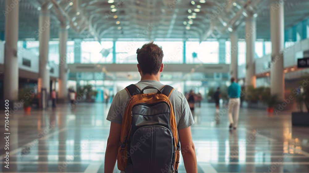 Back view of man walking out of an airport with backpack Back view of man walking out of an airport with backpack
