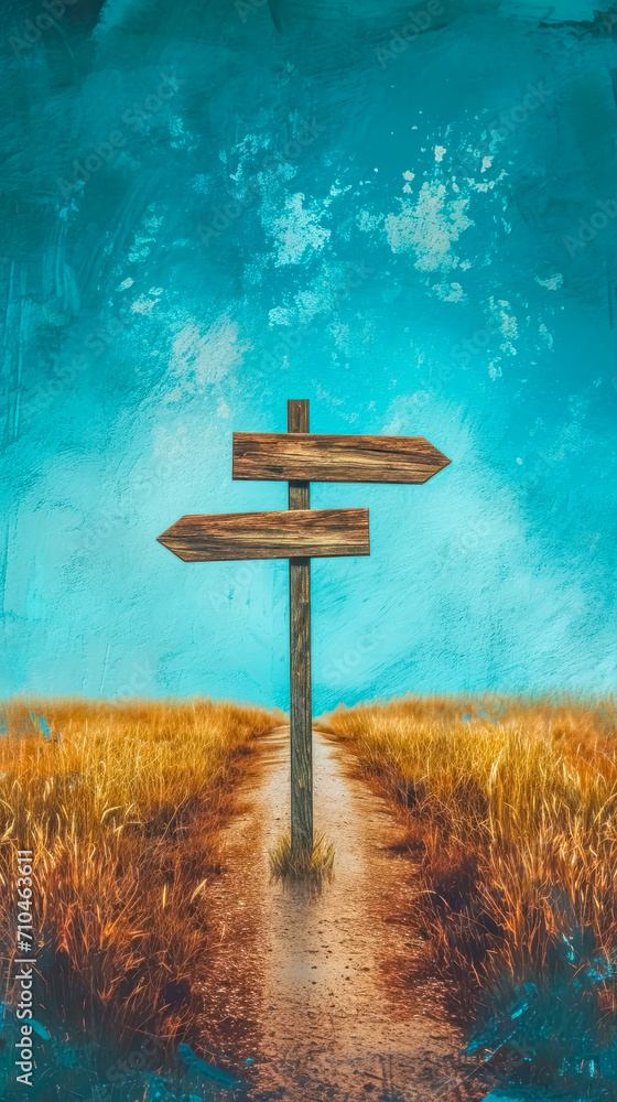 wooden signpost with blank directional arrows at a fork in a rural path ...