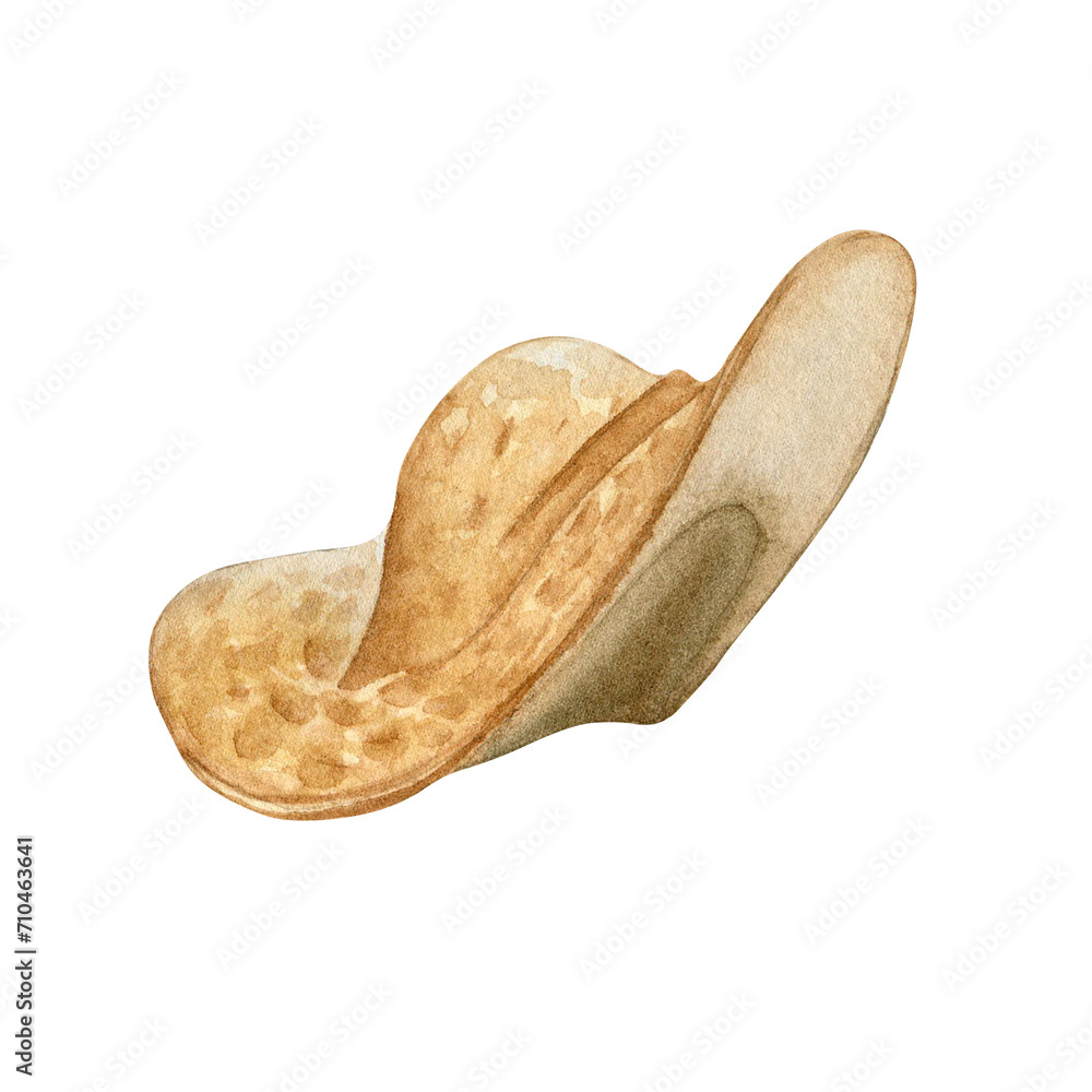 Single straw hat watercolor illustration isolated on white background. Farme's hat, woman's summer accessories hand drawn. Painted headwear. Design element for Easter card, poster and other projects Single straw hat watercolor illustration isolated on white background. Farme's hat, woman's summer accessories hand drawn. Painted headwear. Design element for Easter card, poster and other projects