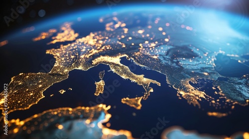 Fototapeta Naklejka Na Ścianę i Meble -  Top view of a night planet with glowing city lights. Europe