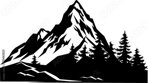 Mountain silhouette - vector icon. Rocky peaks. Mountains ranges. Black and white mountain icon. AI generated illustration.