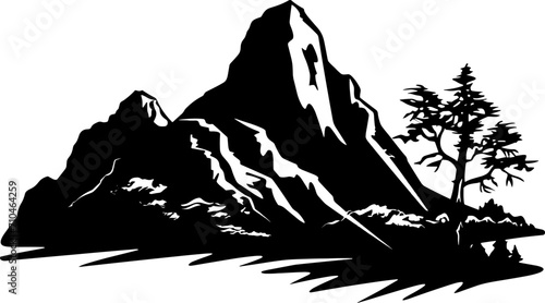 Mountain with pine trees and landscape black on white background. Vector illustration mountain with pine trees on white background. AI generated illustration.