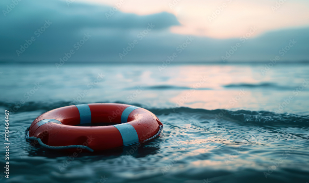 A lifebuoy in blue ocean waters. Insurance and guarantee conditions. Overcoming challenges. Help with advice and support. Problem-solving resilience