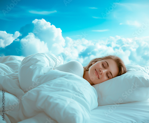 Woman peacefully sleeping on clouds, concept of soft pillows, sweet dreams, and tranquil rest. 