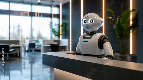 AI robot ready to assist in a modern hotel lobby. Shallow field of view.
 photo