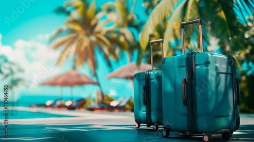 Suitcases parked at a resort in a tropical holiday destination. Concept of summer holidays and travelling. Shallow field of view with copy space.  © henjon