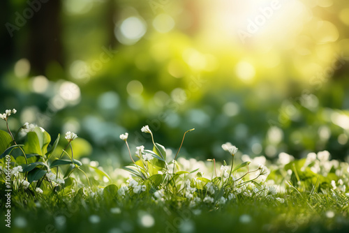 Green grass and spring flowers on a blurred background © Nate