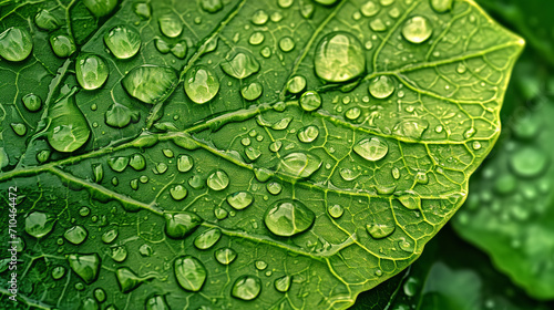 Green leaf with water drops on it