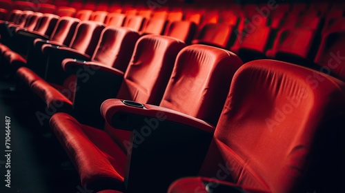 rows of red empty seats in a cinema hall. Modern cinema screen hall