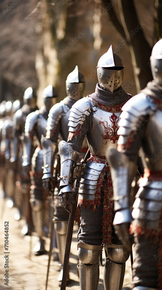 Line of English knights in full armor, standing in formation, realistic medieval England setting Line of English knights in full armor, standing in formation, realistic medieval England setting