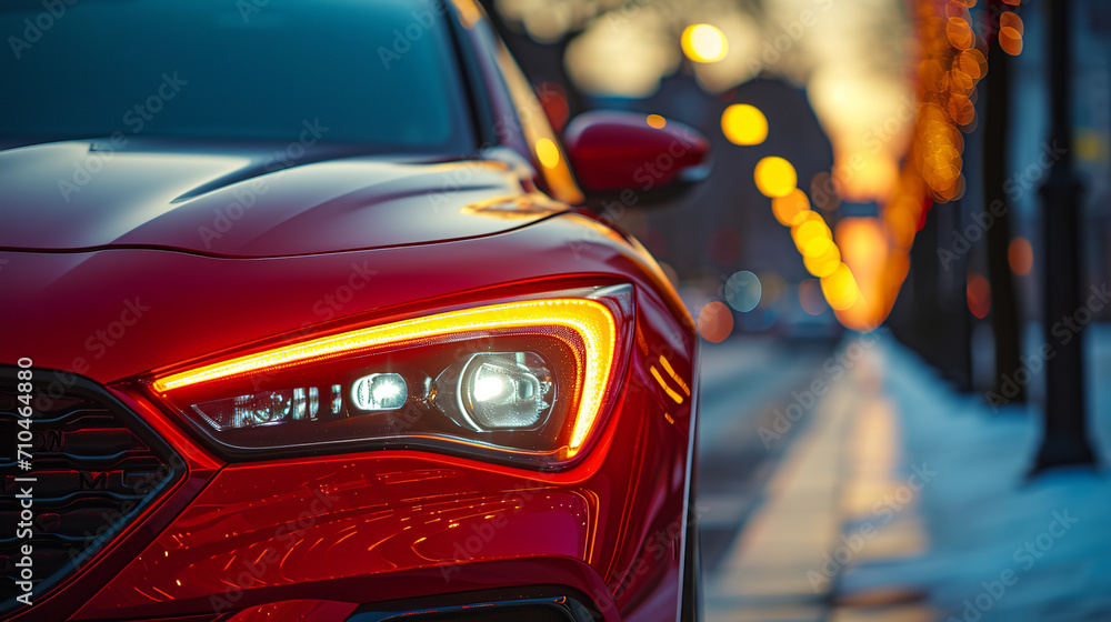 Modernred car parking on the road. Close up Modernred car parking on the road. Close up