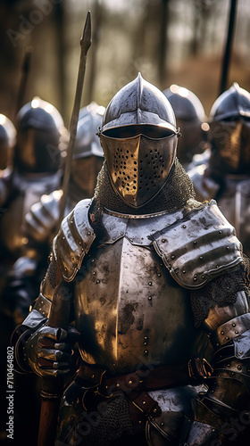 Line of English knights in full armor, standing in formation, realistic medieval England setting