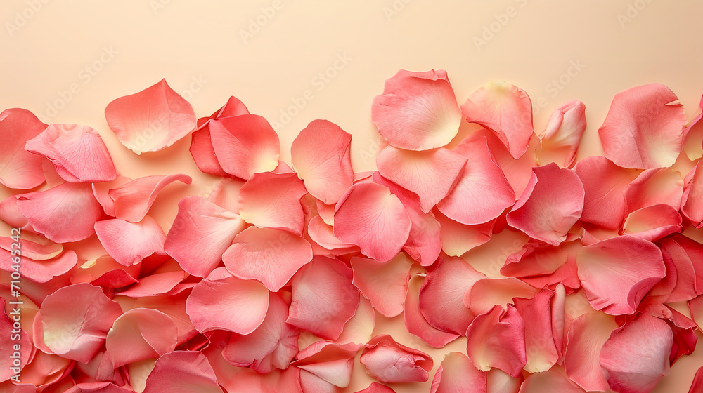 Pink rose petals on beige background