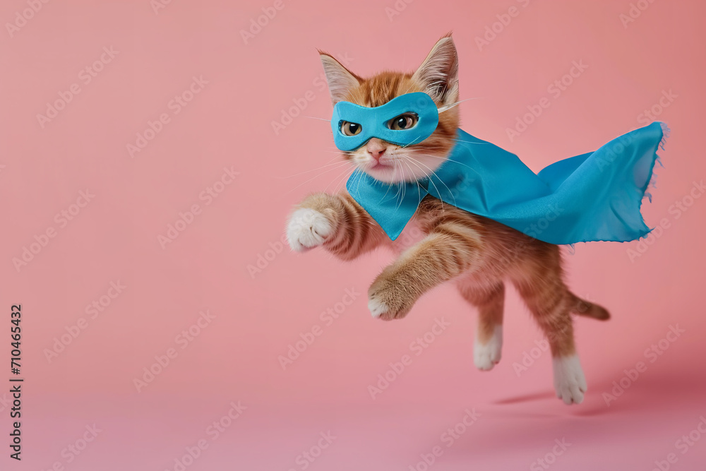 Fototapeta premium Superhero cat, Cute orange tabby kitty with a blue cloak and mask jumping and flying on light pink background
