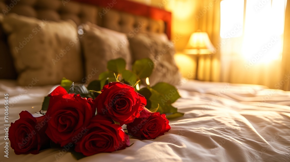 Fototapeta premium Romantic Red Roses on Bed in Sunset Glow. Red roses bouquet on a white bedspread, illuminated by the warm, golden light of a setting sun, creating a romantic atmosphere in a cozy bedroom.