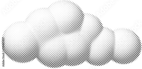 Clouds in halftone dots texture, isolated black and white vector design element