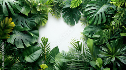 Folhas e plantas verdes tropicais com espa  o em branco no centro 