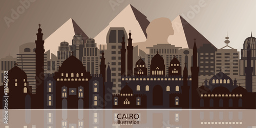 The background silhouette of Egypt, Cairo, is an illustration that depicts the main attractions of the city and the features of the country. 