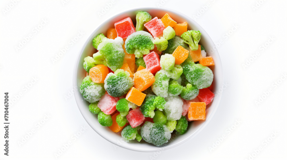 Frozen vegetables in bowl isolated on white. Top view
