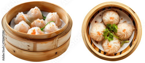 Bundle of dim sum in a wooden bowl, side and top view, isolated on a white background