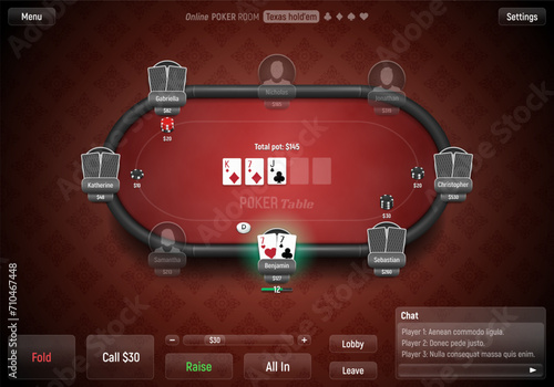 Poker table with players, cards and chips. Poker room. Texas hold'em online game. Vector illustration.