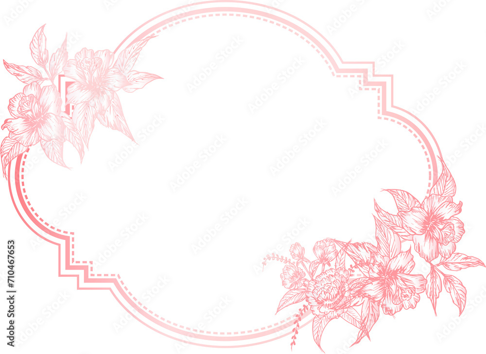 Pink geometric frame with hand drawn floral illustration on transparent background.
