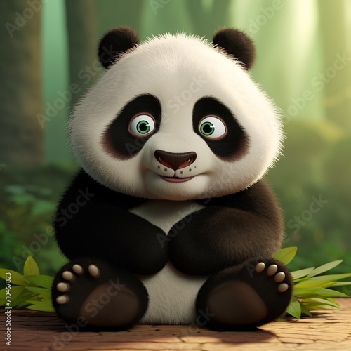 3D rendering of a cute panda bear sitting in the jungle. AI.