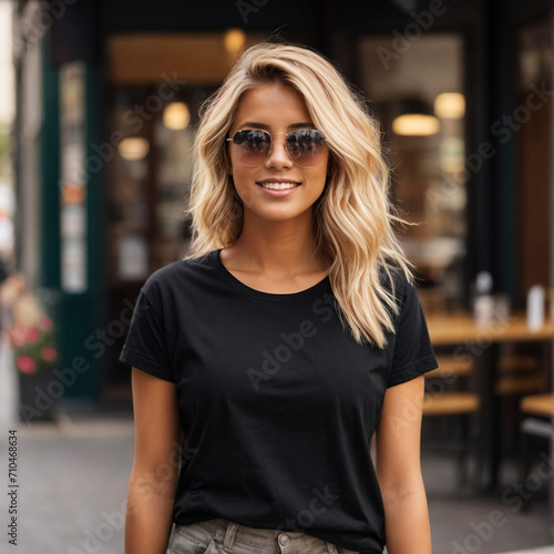 Black T-Shirt Mockup Template with a Beautiful Young Blondie Woman Walking on the Street on a Sunny Summer Day. Lifestyle Photography. Perfect for Online Shops, Portfolios and Social Media Marketing © articular