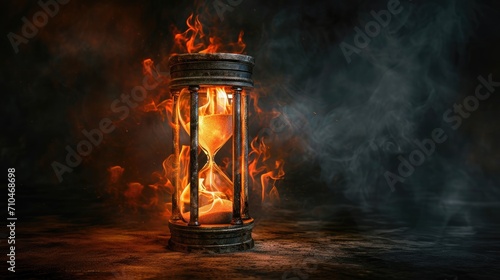 Time concept. Burning hourglass with smoke in the forest with dark background