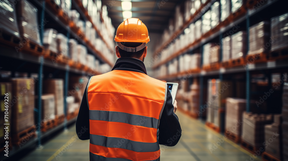 Professional worker wearing safety vest and hard hat looking information the tablet. In the background big warehouse with shelves full of delivery goods. - obrazy, fototapety, plakaty 