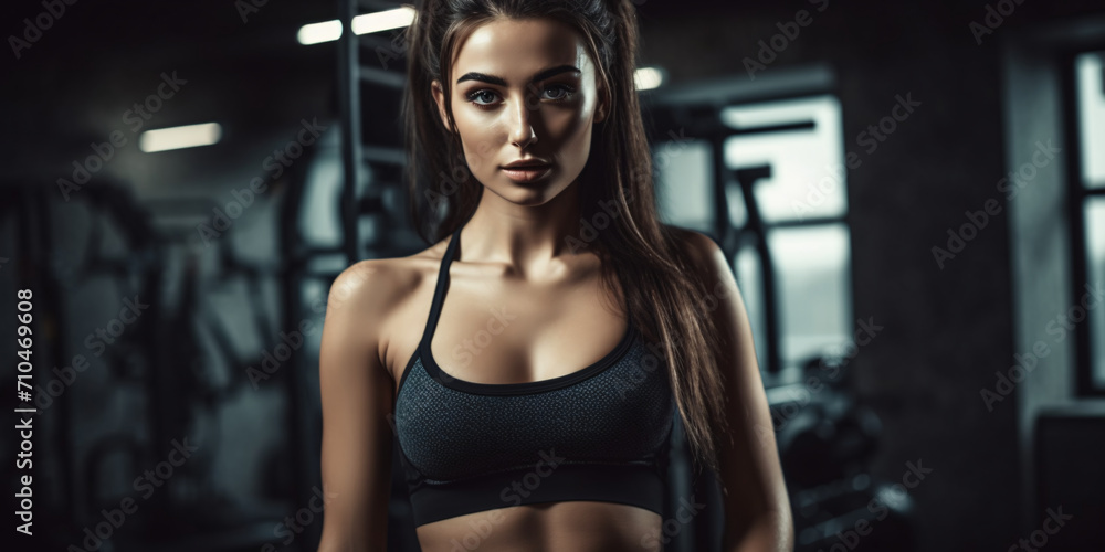 Portrait of a beautiful and slender young woman in the gym, girl doing fitness and leading an active and healthy lifestyle