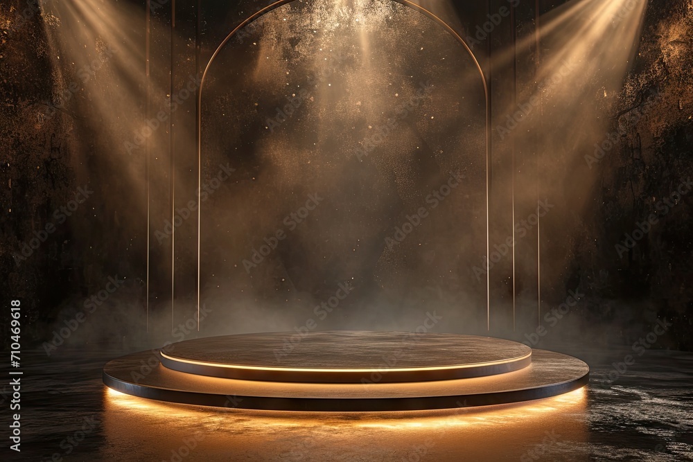 Obraz premium Celestial showcase. Minimalistic design featuring empty stage black space and illuminated circular podium ideal for capturing essence of mystery and modern elegance