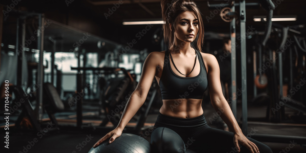Fototapeta premium Beautiful and slim young woman in the gym, girl doing fitness and leading an active and healthy lifestyle