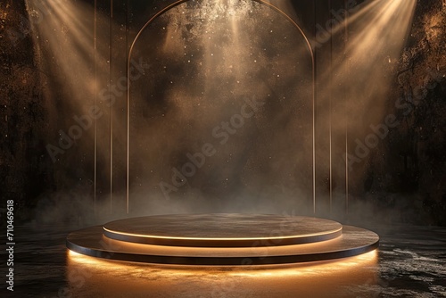 Celestial showcase. Minimalistic design featuring empty stage black space and illuminated circular podium ideal for capturing essence of mystery and modern elegance