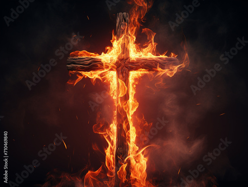 A wooden cross engulfed in intense flames against a dark, smoky backdrop, suggesting powerful symbolism.