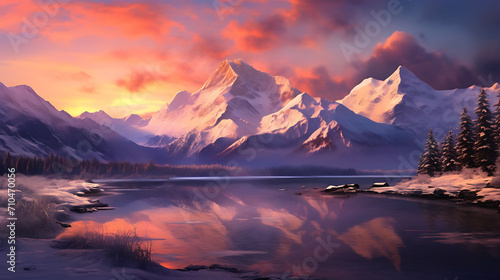  a snow-capped mountain range illuminated by the warm hues of a winter sunset, capturing the serene beauty of nature in high definition.