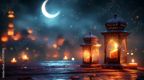 Ramadan Kareem greeting card. Arabic lanterns with burning candles on dark background.