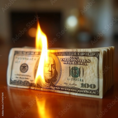 financial loss and waste, A powerful visual metaphor capturing the concept of financial loss and waste, as a stack of money bills is engulfed in flames, symbolizing the evaporation of wealth