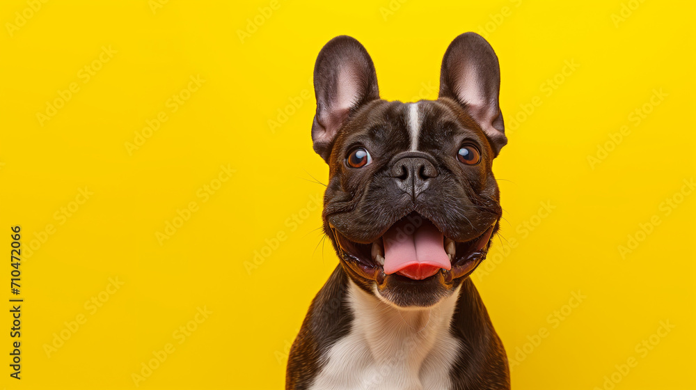 Happy French Bulldog with Tongue Out on Yellow Background