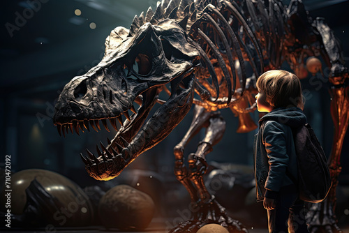 Little boy looking at dinosaur fossils in museum © Murda