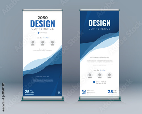 Roll up banner vertical template design, blue, CMYK, for brochure, business, flyer, infographics. modern x-banner and flag-banner advertising. vector illustration