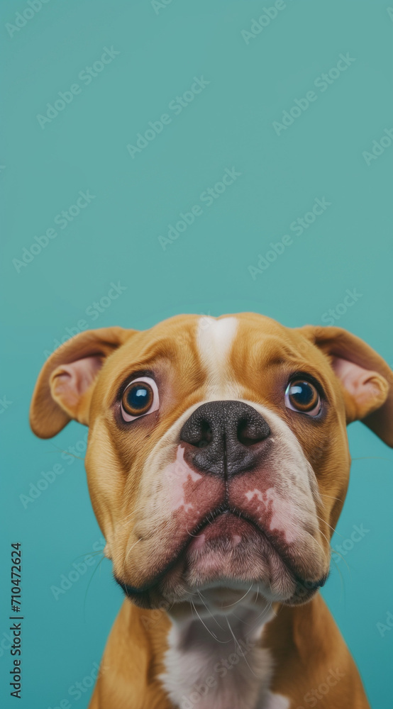 Curious American Bulldog with Big Brown Eyes on Teal Background