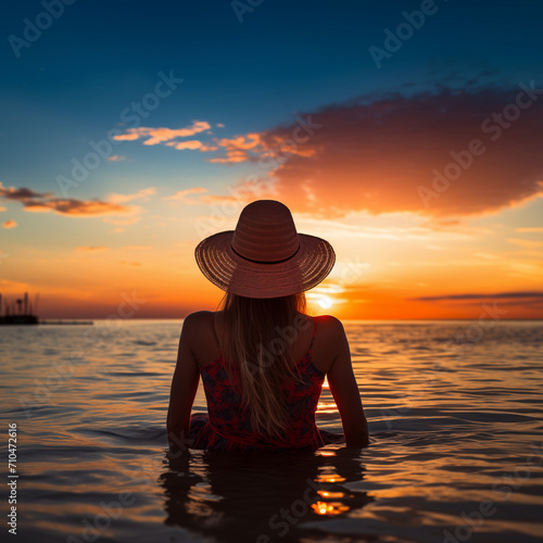 woman in hat on sea beach