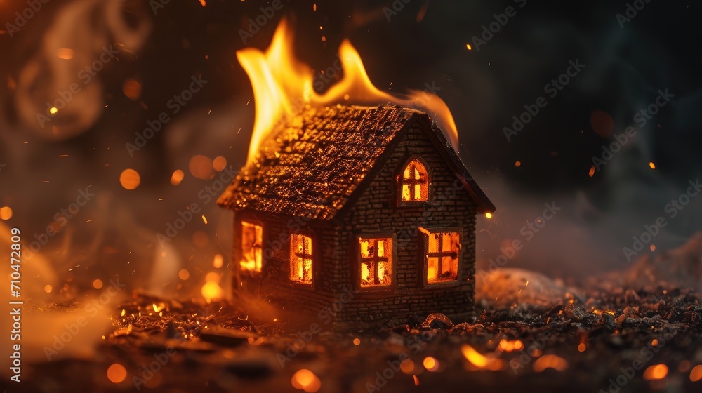 A burning small house on a dark background. Fire in the house. Insurance concept. A burning small house on a dark background. Fire in the house. Insurance concept.