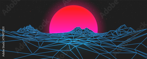 Futuristic landscape with mountains and sunset. 80s retro neon concept. Vector illustration.