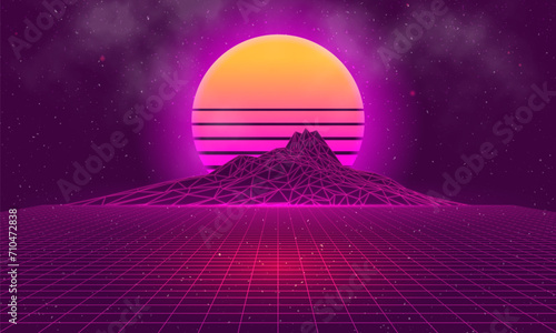 Futuristic landscape with mountains and sunset. 80s retro neon concept. Vector illustration.