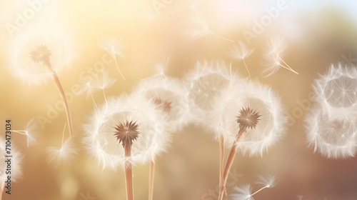 Dreamy close-up of delicate dandelion seeds floating in soft illuminated atmosphere – nature's ethereal beauty